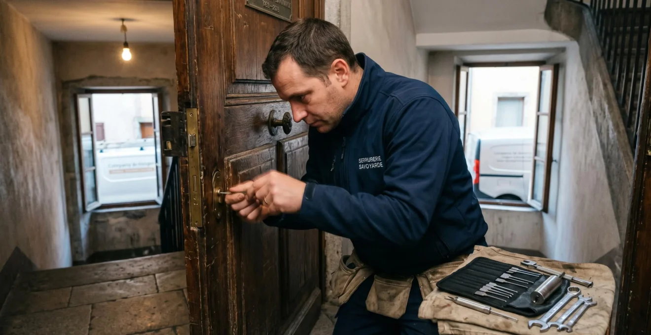Serrurier professionnel en intervention sur serrure de porte d'entrée d'immeuble, outils spécialisés en main, cage d'escalier résidentielle française en arrière-plan