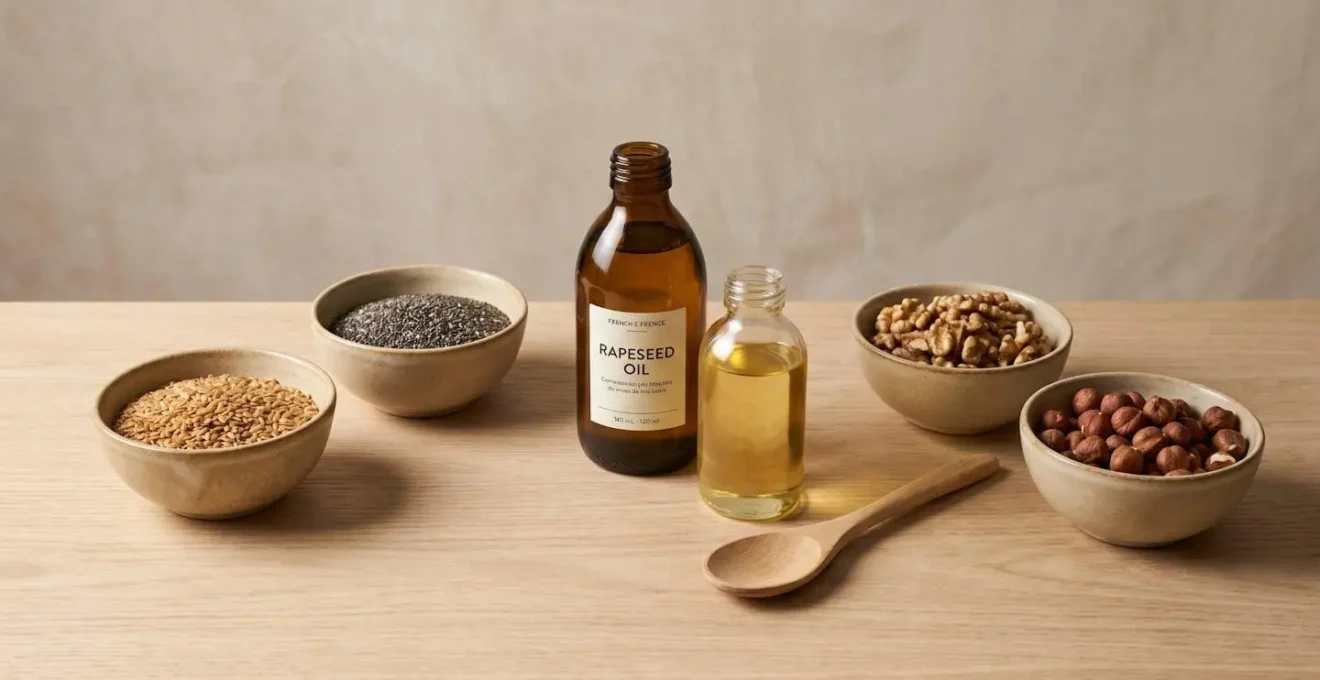 Table en bois avec quatre bols céramique contenant graines de lin dorées, graines de chia noires, noix et noisettes, accompagnés de bouteilles d'huile de colza et de lin