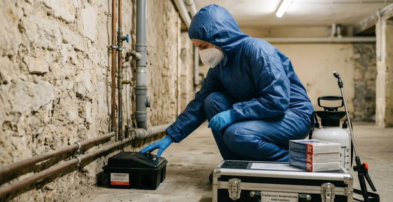 Technicien certifié Certibiocide en combinaison et gants nitrile plaçant un appât rodenticide sécurisé dans une cave de copropriété à Marseille, matériel professionnel visible