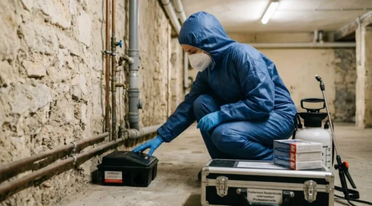 Technicien certifié Certibiocide en combinaison et gants nitrile plaçant un appât rodenticide sécurisé dans une cave de copropriété à Marseille, matériel professionnel visible
