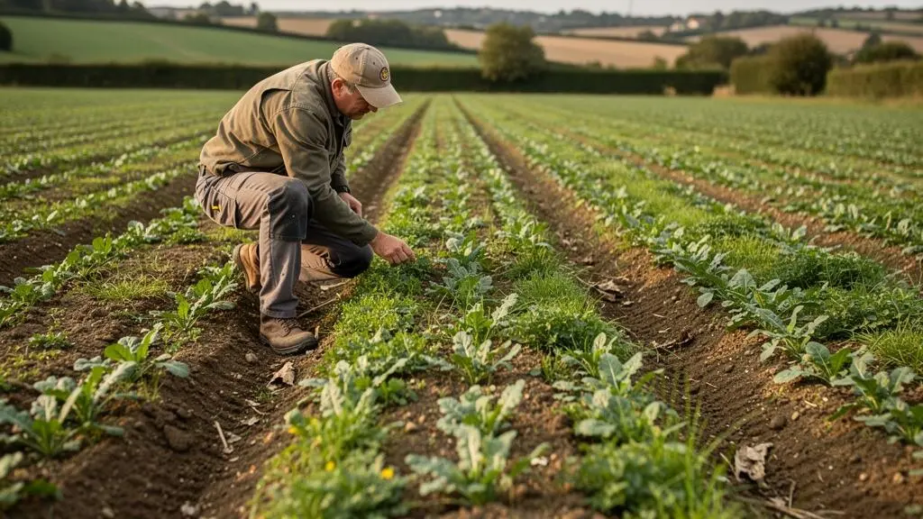 French farmer examining crop plants in a strip-till field with visible cover crop strips between the cultivation rows
