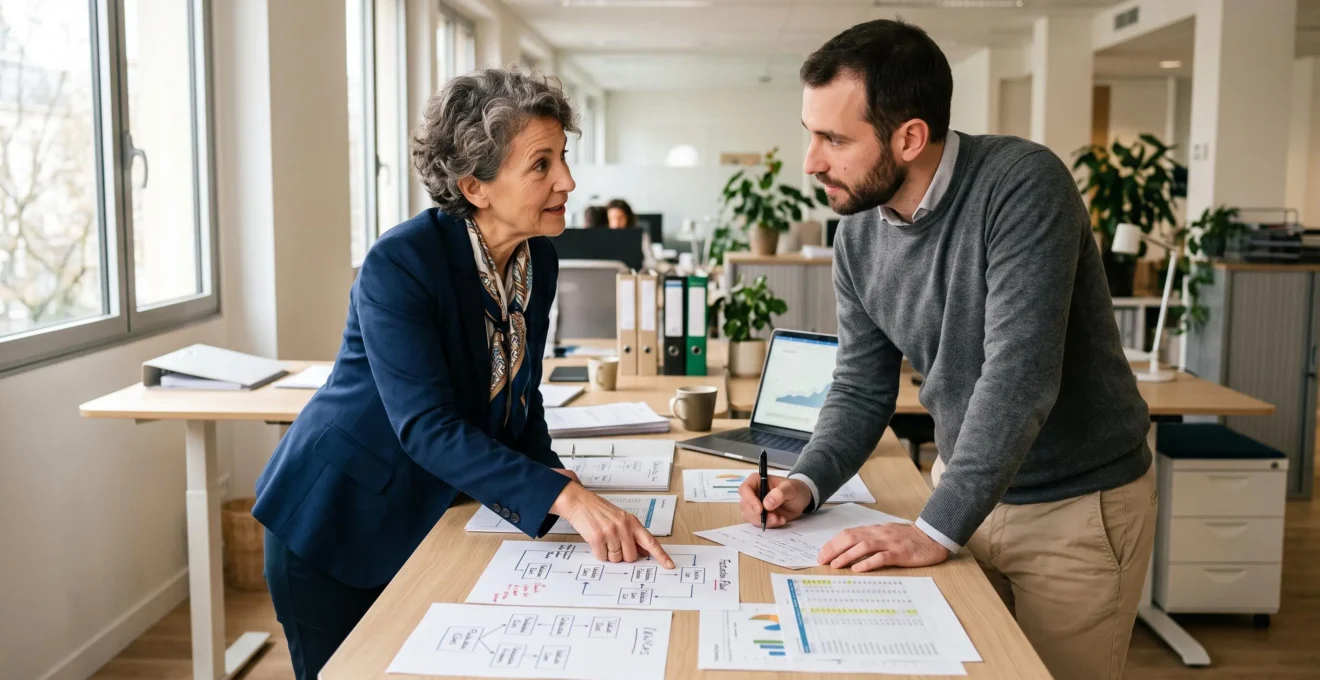 Deux professionnels de la finance analysant ensemble les flux de facturation actuels de leur entreprise.