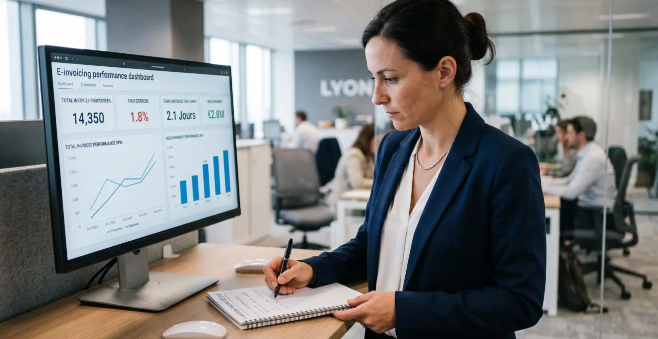 Contrôleur financier analysant les indicateurs de performance de facturation électronique et prenant des notes.