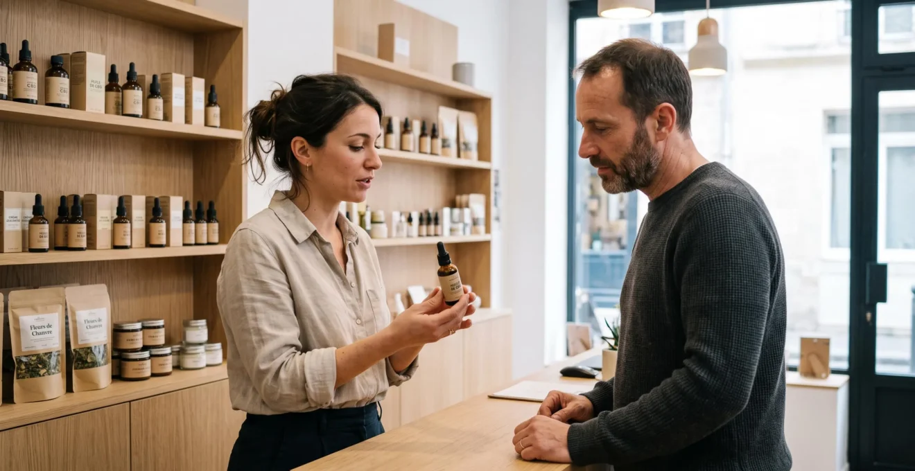 Conseiller présentant des produits CBD à un client dans une boutique spécialisée moderne en France
