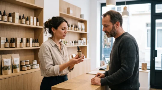 Conseiller présentant des produits CBD à un client dans une boutique spécialisée moderne en France