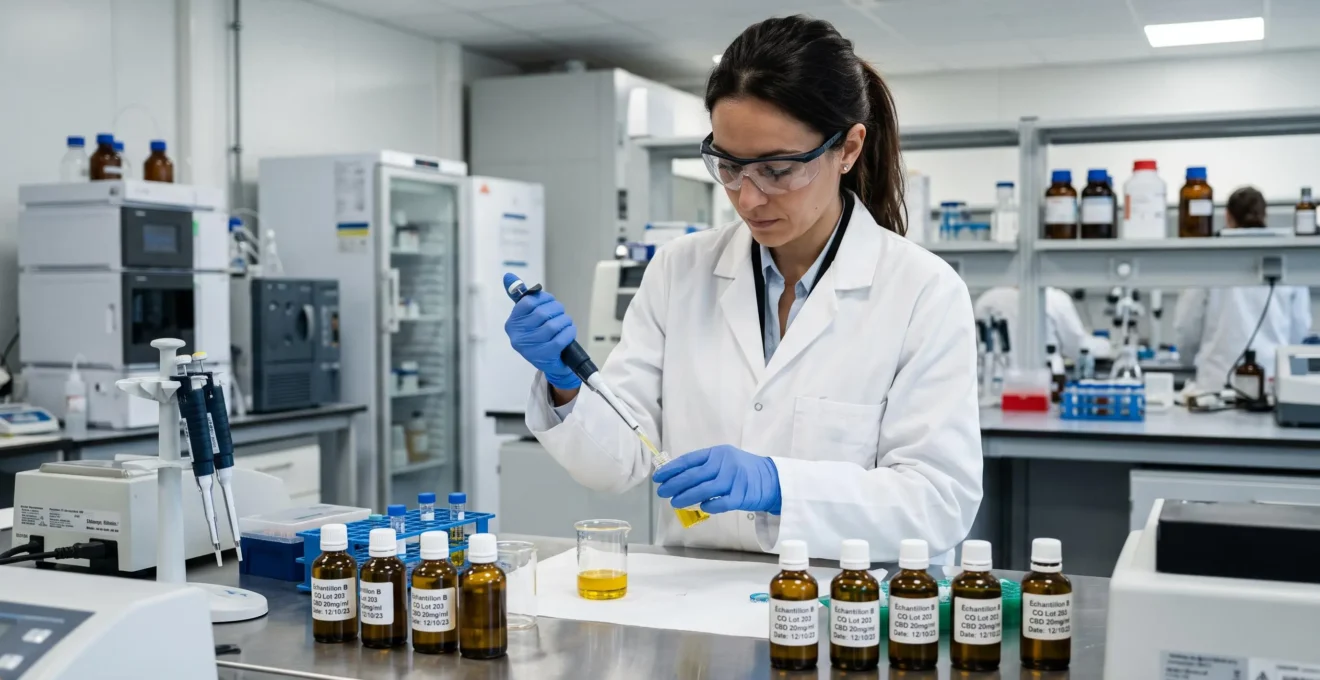 Technicien de laboratoire effectuant un contrôle qualité sur des échantillons de produits CBD