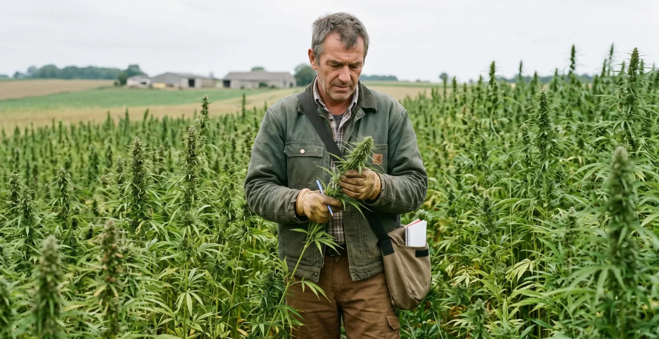 Agriculteur inspectant des plants de chanvre industriel dans une culture légale en France