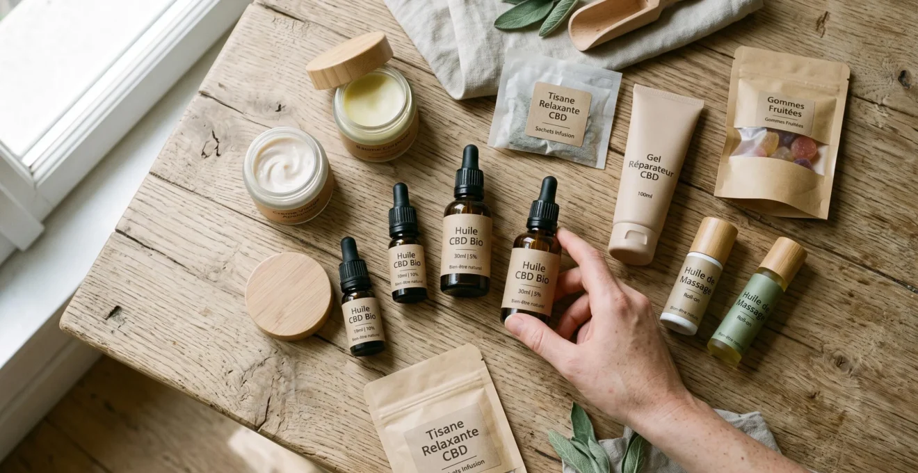 Assortiment de produits CBD en différents formats : huiles, cosmétiques et infusions sur surface naturelle