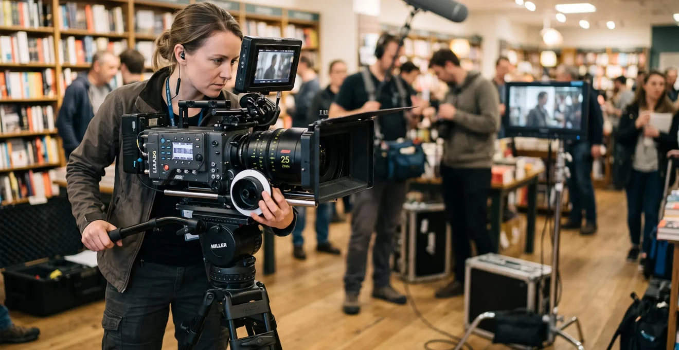 Opérateur caméra utilisant une caméra cinéma professionnelle sur un plateau de tournage, entouré d'équipement audiovisuel