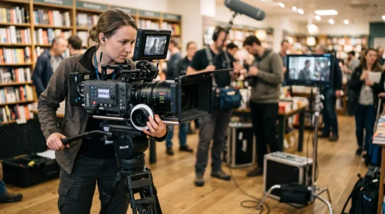 Opérateur caméra utilisant une caméra cinéma professionnelle sur un plateau de tournage, entouré d'équipement audiovisuel