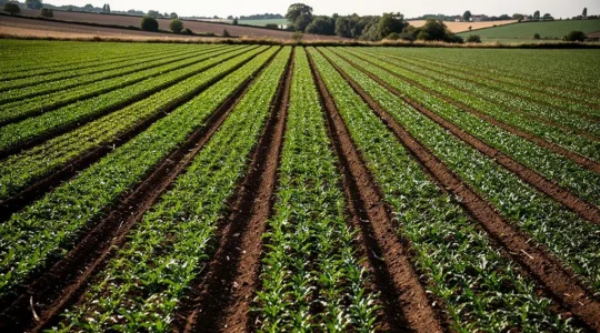 Agricultural field showing strip-till cultivation with alternating worked soil bands and green cover crop strips in a French farming landscape