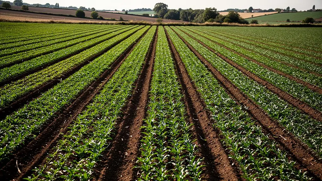 Agricultural field showing strip-till cultivation with alternating worked soil bands and green cover crop strips in a French farming landscape