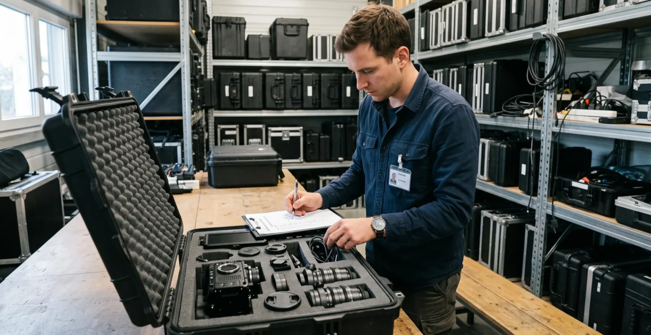Technicien organisant du matériel audiovisuel professionnel dans des flight cases dans un local de location d'équipement