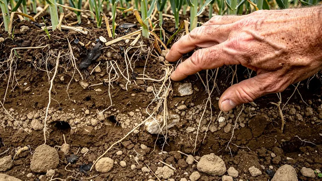 Close-up view of soil structure showing the contrast between strip-tilled band and undisturbed cover crop zone with visible roots and organic matter