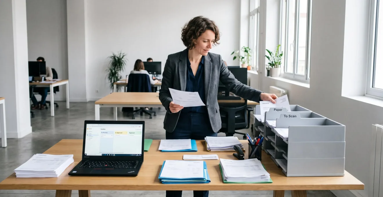 Responsable financier organisant la transition entre facturation papier et électronique dans un service comptable français.