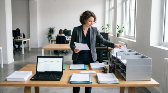 Responsable financier organisant la transition entre facturation papier et électronique dans un service comptable français.